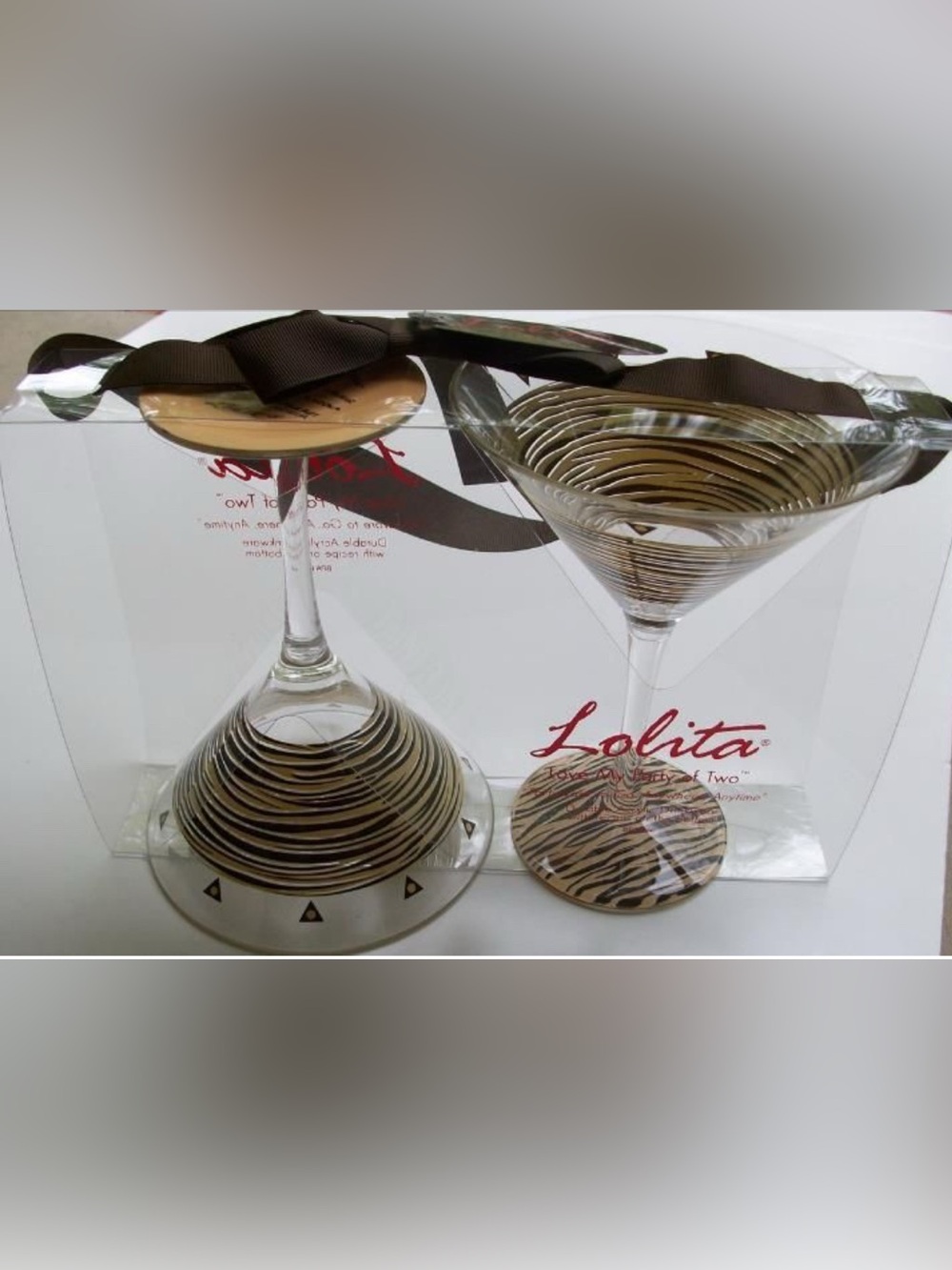 Lolita Acrylic Martini Glasses Set of 2 Shatterproof Outdoor NIB Zebra Stripe